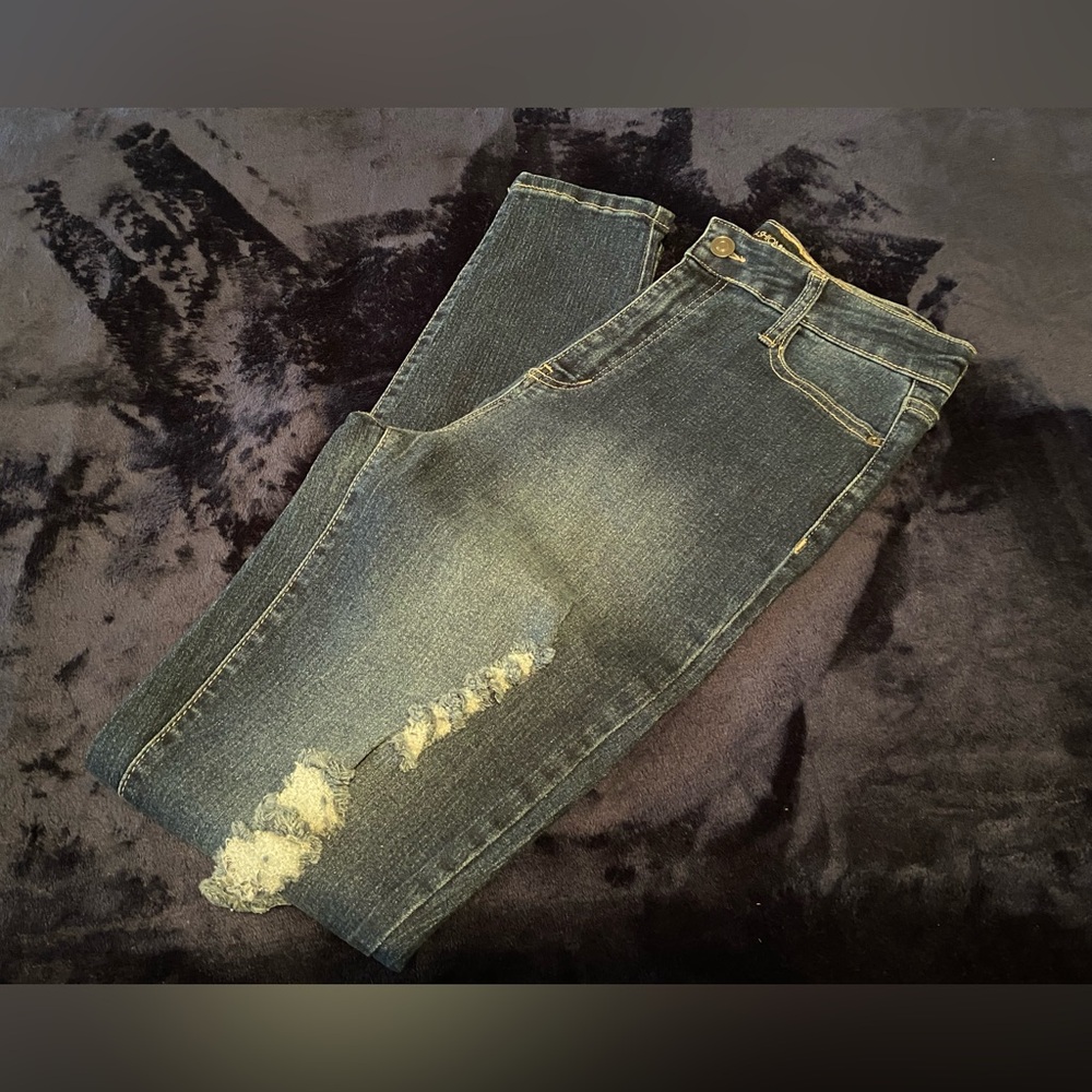 Fashion Nova Dark Blue Distressed Skinny Jeans